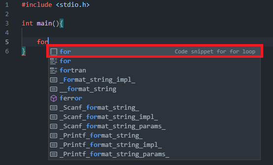 Código em C com uma estrutura básica. Biblioteca stdio.h e a função principal. Dentro da função principal temos um for escrito com várias sugestões para completar o código automaticamente. A opção do loop for está destacada com um retângulo vermelho.