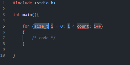 Código em C com uma estrutura básica. Biblioteca stdio.h e a função principal. Dentro da função principal temos a estrutura de um for gerada automaticamente com o auxílio do intelliSence.