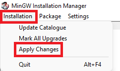 Canto superior esquerdo o MinGW. Nele podemos ver na parte mais acima escrito MinGW Installation Manager. Logo abaixo temos as opções Installation, Package e Settings. A opção Installation está destacada com um retângulo vermelho. Como essa opção foi selecionada, temos mais quatro opções que aparecem abaixo. Em ordem, são elas: Update Catalogue, Mark All Upgrades, Apply Changes e Quit. A opção Apply Changes está destacada com um retângulo vermelho.