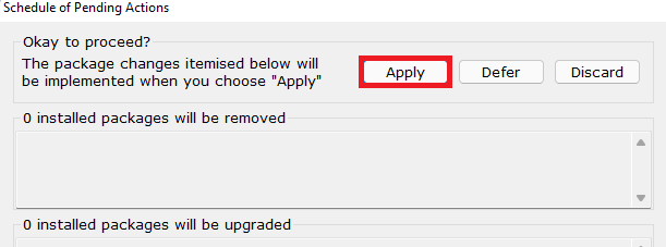 Temos o texto “Tudo bem para continuar? As mudanças do pacote mostradas abaixo serão implementadas assim quando você escolher ‘Aplicar’ ” escrito, em inglês, logo no início. Ao lado temos três botões: Apply, Defer, Discard. A opção Apply está destacada com um retângulo vermelho.