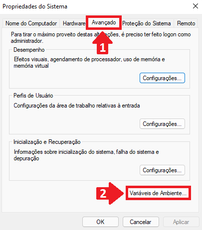 Na parte superior esquerda temos o nome da janela. O nome é Propriedades do Sistema. Na direita temos um x para que a janela possa ser fechada, quando necessário. Mais abaixo temos as opções: Nome do Computador, Hardware, Avançado, Proteção do Sistema e Remoto na vertical. A opção Avançado está com um destaque de um retângulo retângulo e uma seta com um número 1. Abaixo temos três blocos de configurações. O primeiro é Desempenho. O segundo é Perfis de Usuário. A terceira é Inicialização e Recuperação. Abaixo desses três blocos temos a opção Variáveis de Ambiente destacada com um retângulo vermelho e uma seta com o número dois. Na parte inferior da imagem temos três opções. São elas: Ok, Cancelar e Aplicar. A opção aplicar está desativada, visto que não tivemos nenhuma modificação.