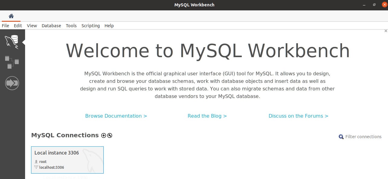 Tela inicial do MySQL Workbench com a mensagem “Welcome to MySQL Workbench” e abaixo da mensagem, um texto descritivo sobre o Workbench e a conexão local pré-configurada.