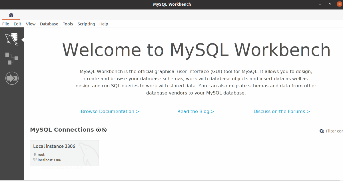 Gif apresentado a tela inicial do MySQL Workbench e a aba de login com a conexão local pré-configurada.