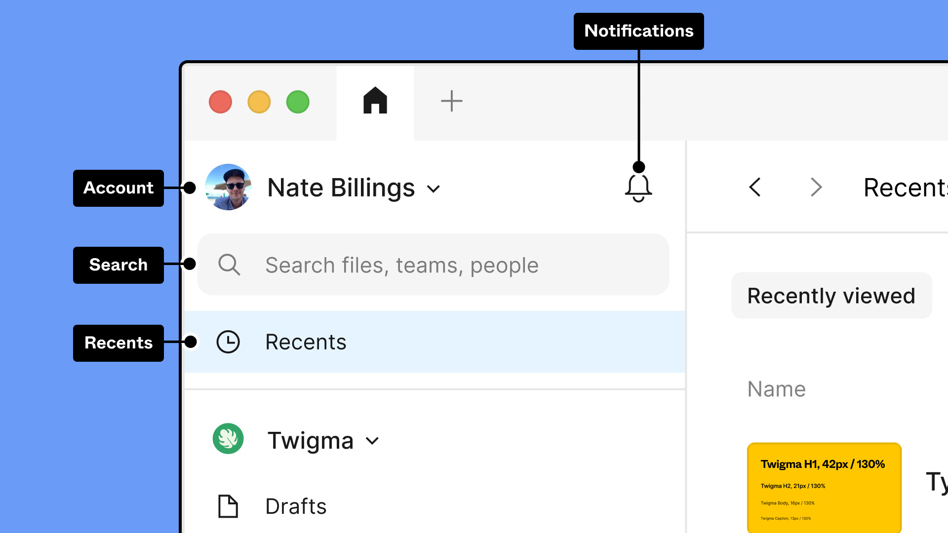 Imagem contendo um printscreen da tela do Figma, dando destaque ao ícone de notificação, conta, barra de pesquisa e botão de arquivos recentes, que podem ser encontrados na lateral esquerda da tela do Figma.