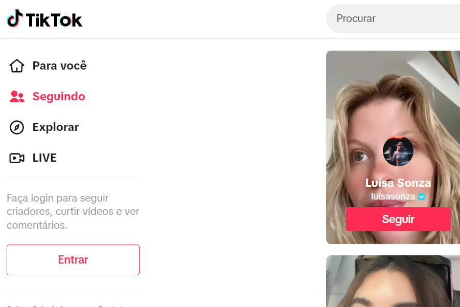 Print da página inicial do website do TikTok, que mostra à esquerda as opções de navegação: para você, seguindo, explorar, live e entrar. Além de, no centro da página, mostrar os influenciadores que estão em alta na plataforma, como é o caso da Luísa Sonza.