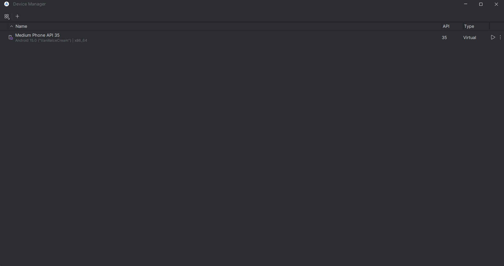 Tela do "Device Manager" no Android Studio, exibindo um dispositivo virtual configurado: "Medium Phone API 35" rodando Android 15.0 ("VanillaIceCream") na arquitetura x86_64.