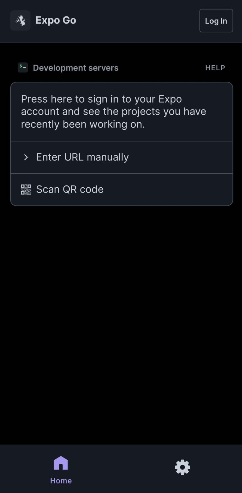 Tela do aplicativo Expo Go exibindo opções para entrar com uma conta Expo, inserir uma URL manualmente ou escanear um código QR para carregar um projeto.
