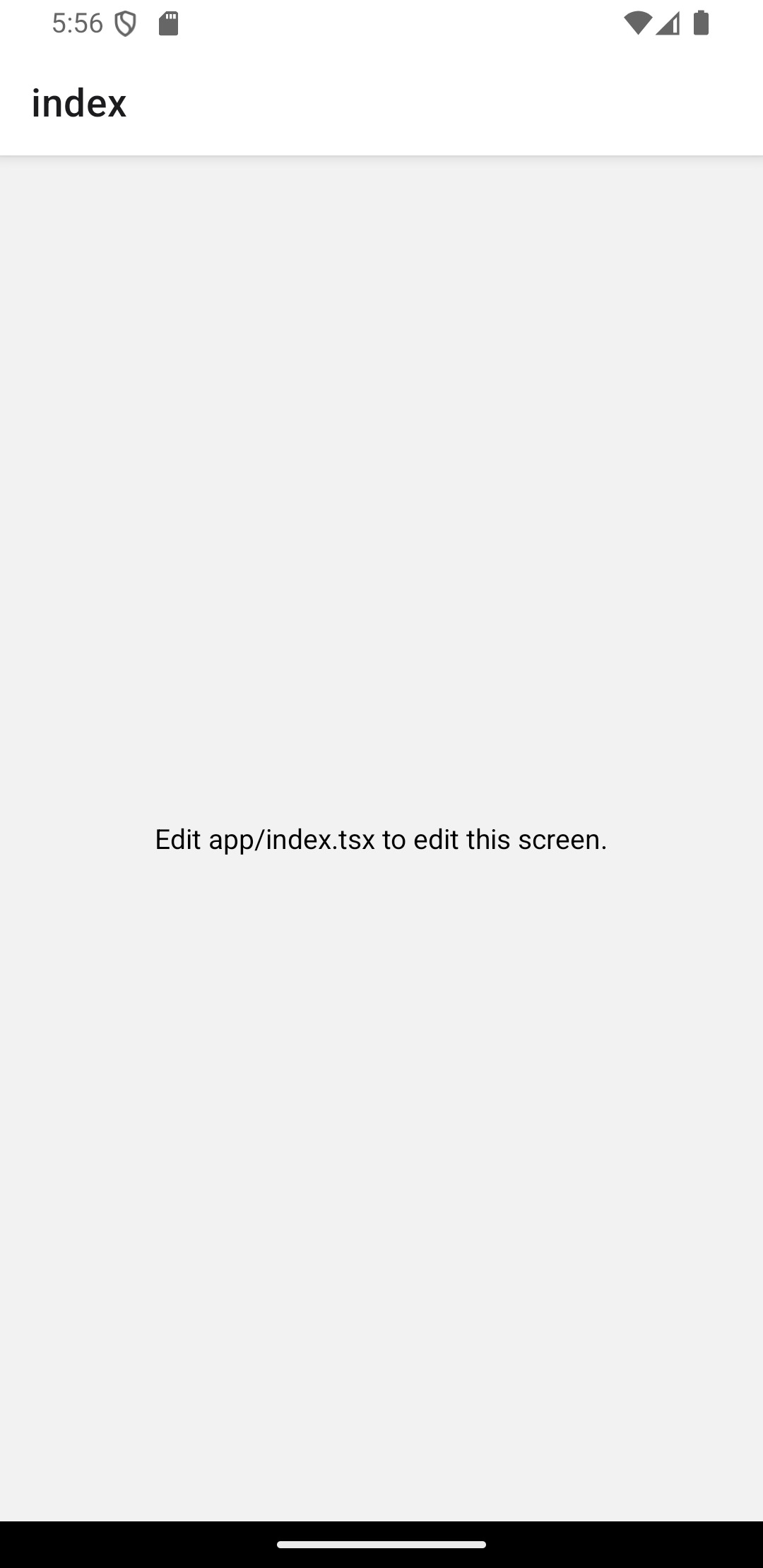 Tela inicial do aplicativo Expo exibida em um emulador Android, com a mensagem "Edit app/index.tsx to edit this screen.", indicando que a interface pode ser modificada no arquivo correspondente.