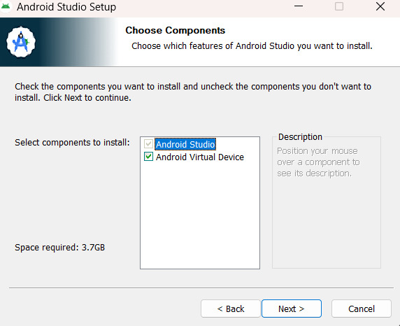 Tela de configuração da instalação do Android Studio, onde a pessoa usuária pode escolher quais componentes deseja instalar. As opções selecionadas incluem "Android Studio" e "Android Virtual Device", com um espaço necessário de 3.7GB.