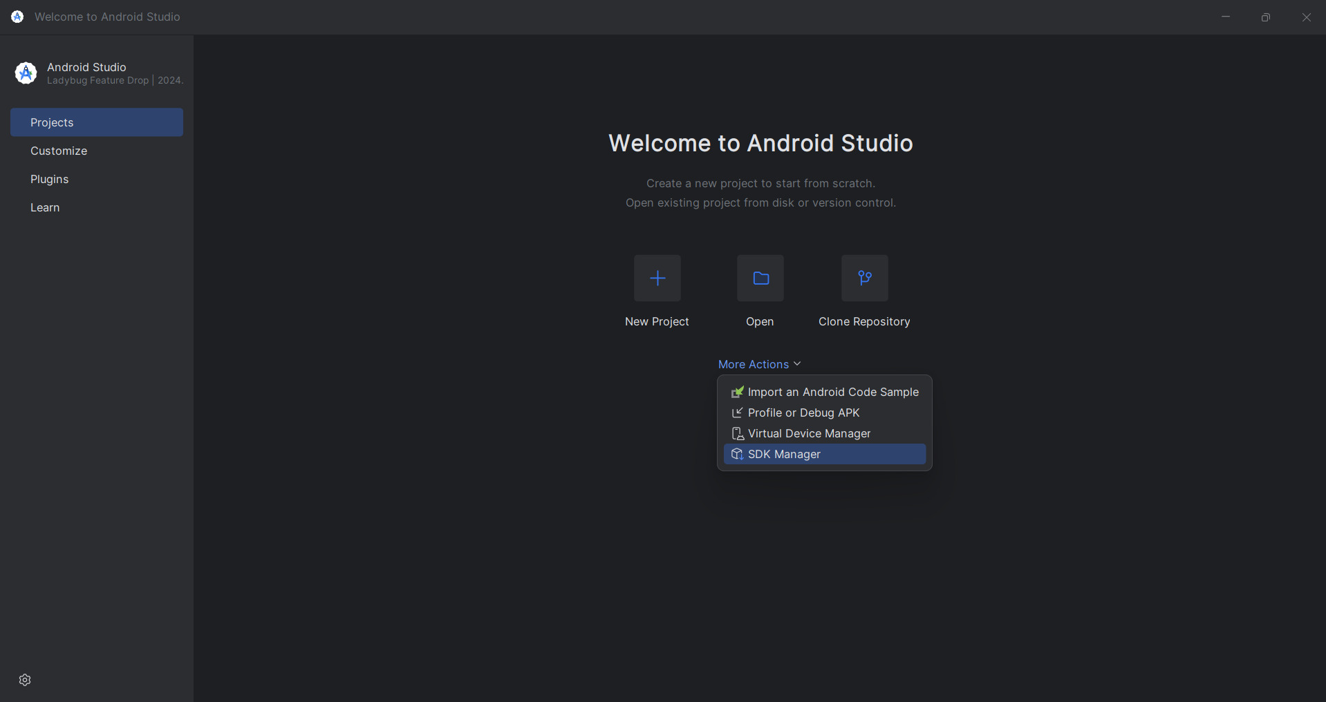 Tela inicial do Android Studio com o menu "More Actions" expandido, mostrando opções como importar um código de exemplo, depurar um APK, gerenciar dispositivos virtuais e acessar o SDK Manager.
