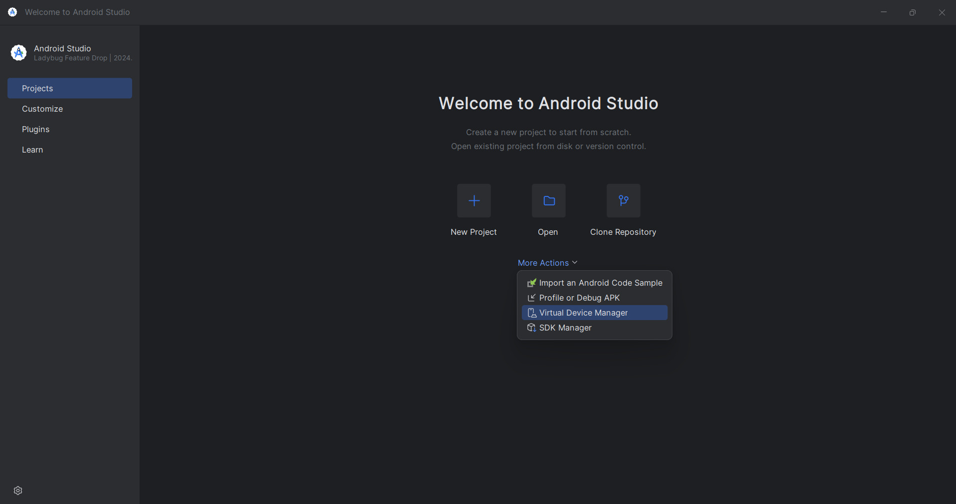 Tela inicial do Android Studio com o menu "More Actions" expandido, destacando a opção "Virtual Device Manager", utilizada para gerenciar dispositivos virtuais Android.