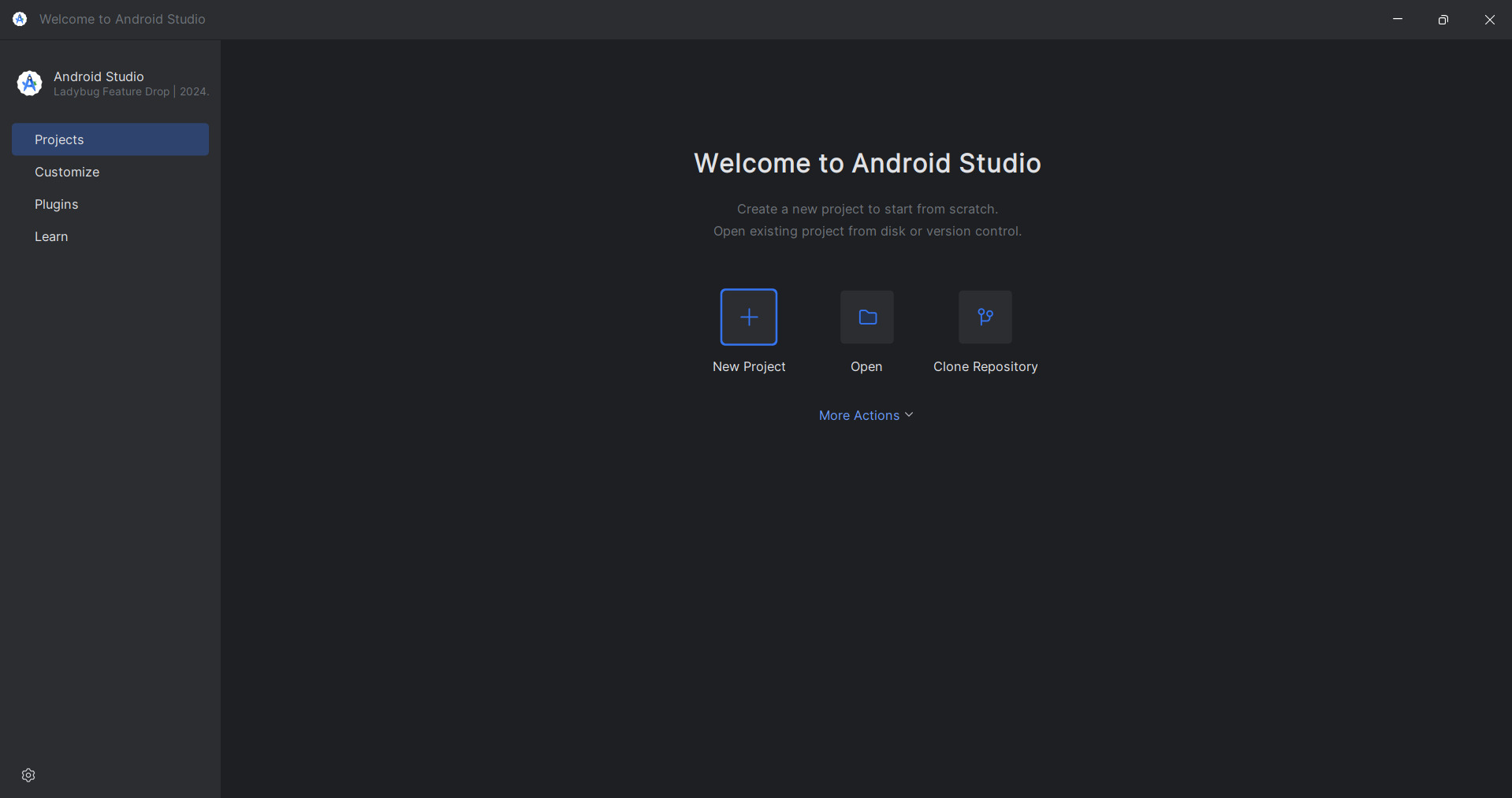 Tela inicial do Android Studio exibindo opções para criar um novo projeto, abrir um existente ou clonar um repositório. No menu lateral, há opções para projetos, personalização, plugins e aprendizado.