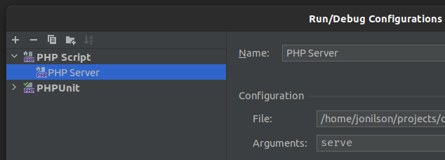 Alt: print de tela “Run/Debug Configurations” do Intellij Idea em fundo preto, com a seleção da opção “PHP Server” selecionada em azul representando a criação de uma nova configuração de execução.