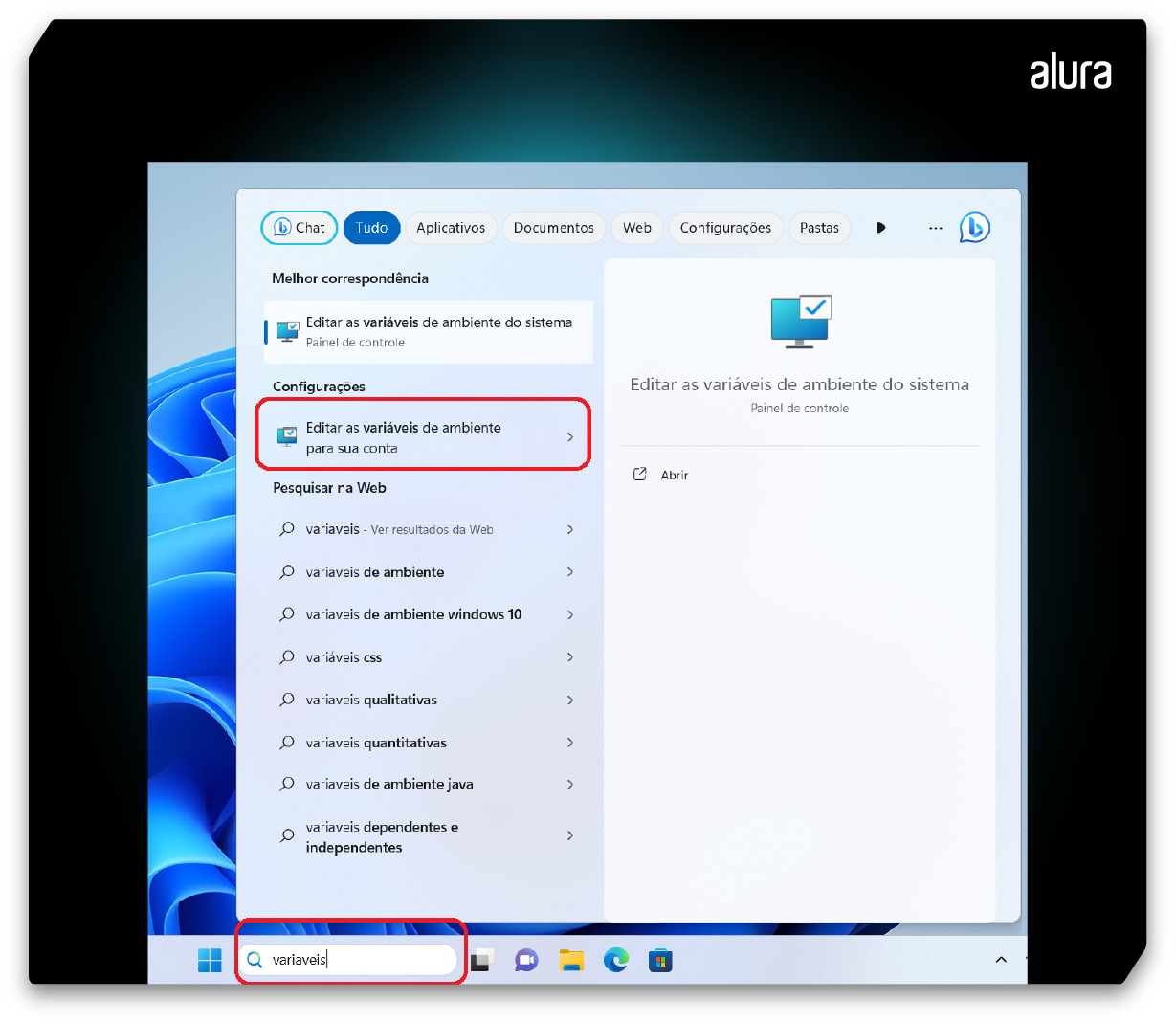 Captura da tela do Windows 11. Na parte inferior esquerda, ao lado do símbolo do Windows, há uma barra de pesquisa, com o texto “variaveis”. Essa barra está destacada por um retângulo vermelho. No restante da tela, aparecem as opções encontradas com a busca à esquerda. A segunda opção, “Editar variáveis de ambiente para sua conta”, está em destaque também com um retângulo vermelho.