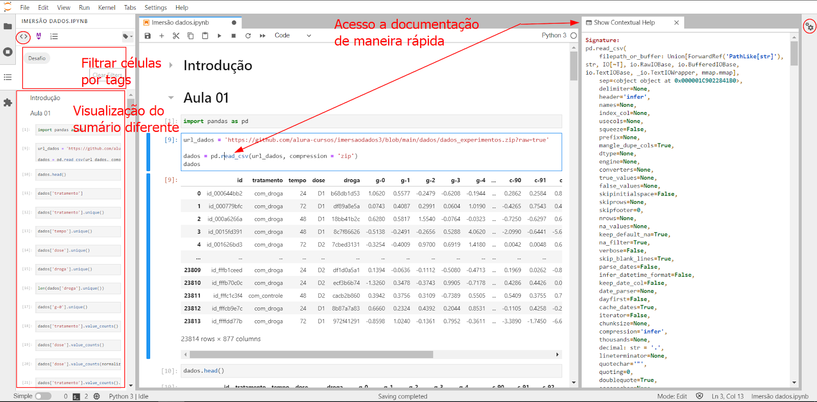 JupyterLab com acesso rápido à documentação, sumário com células de código, tags e tema Light  #inset