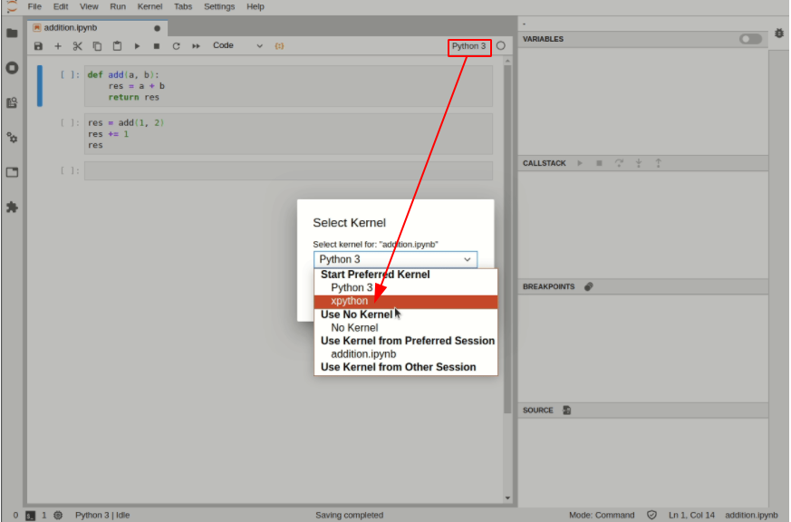 Seta mostrando que no canto superior da tela podemos ativar o Kernel xpython no JupyterLab  #inset