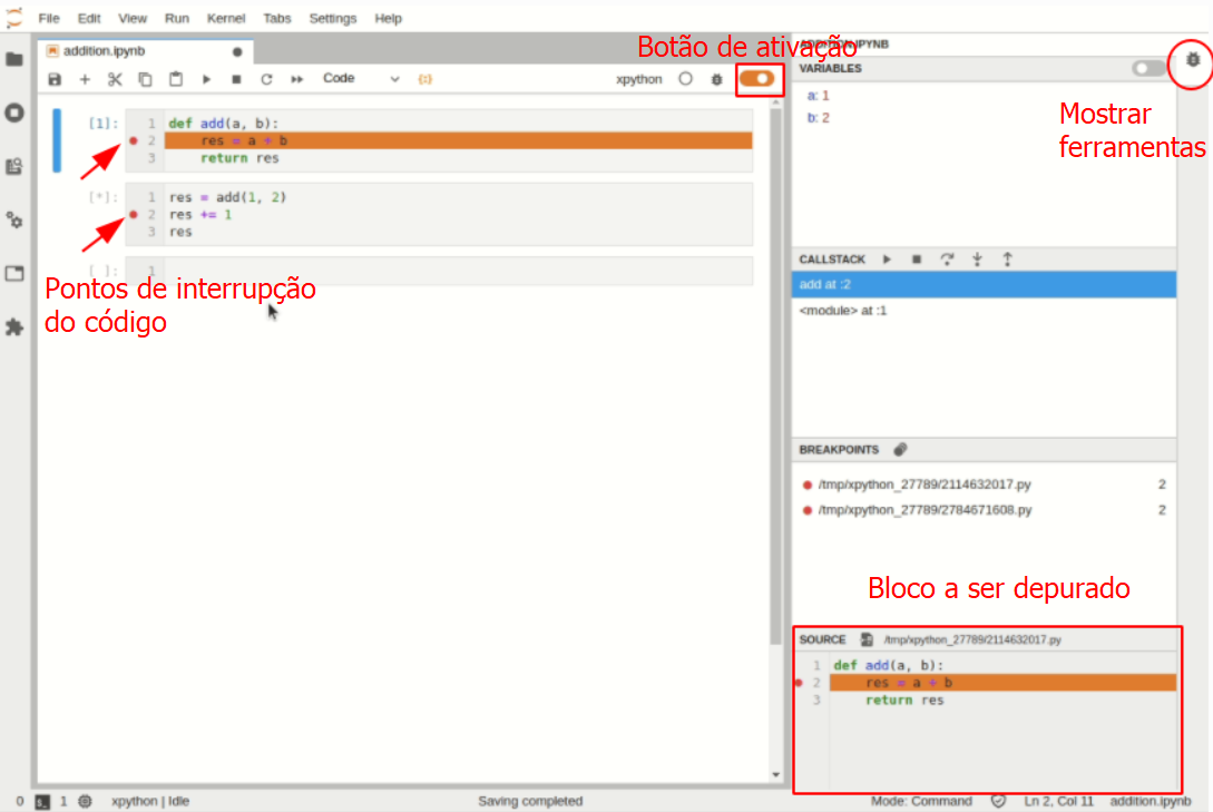 Utilização do Debugger no JupyterLab, indicação do botão de ativação do Debugger, botão de informações do Debugger e setas indicando pontos de interrupção do código para depuração  