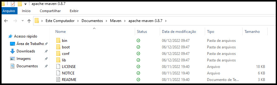 Lista de pastas e arquivos obtidos ao extrair o arquivo zip ou tar de Maven. Pastas presentes: bin, boot, conf e lib. Arquivos presentes: LICENSE, NOTICE e README.md.