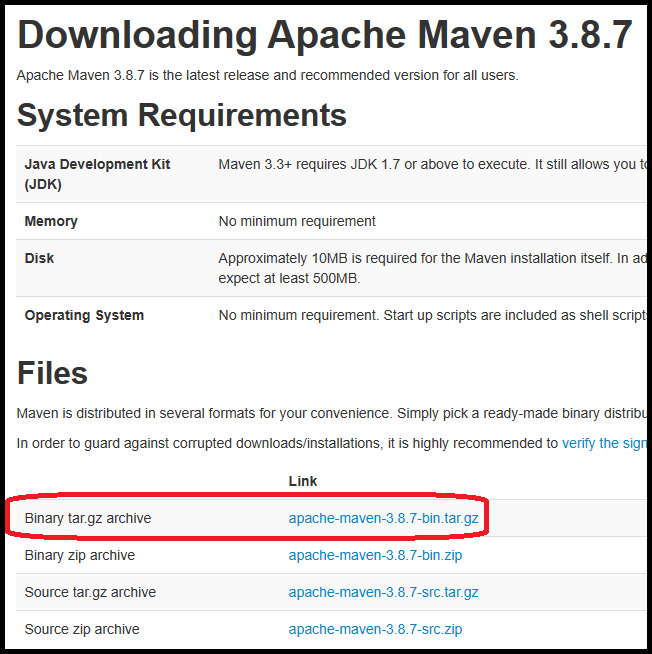 Lista de opções de download de Maven presentes na página de download de Maven. A opção 'Binário zip Archive' está assinalada com o link 'apache-Maven-3.8.7-bin.tar.gz'.