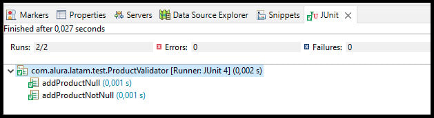 Console JUnit. Tem o cabeçalho com: 2/2 Runs, 0 Erros e 0 Bugs. Abaixo do cabeçalho tem a descrição da classe de teste e os métodos executados, com o tempo de execução: classe ProductValidator (0,002), método addProductNull (0,001s) e método addProductNotNull (0,001s).