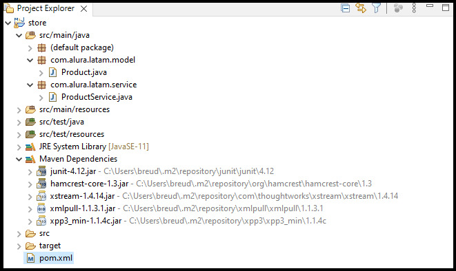 Pastas e arquivos do projeto Maven. As dependências adicionadas são realçadas via pom.xml: junit-4.12.jar, hamcrest-core-1.3. jar, Xstream-1.4.14.jar, xmlpull-1.1.3.1. jar e xpp3_min-1.1.4c.jar.