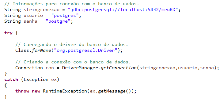Vê-se uma imagem da codificação java para as informações de conexão, carregamento do driver JDBC e da conexão com o banco de dados.