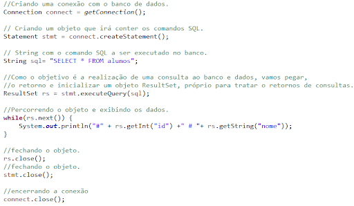 Vê-se uma imagem da codificação Java para uma consulta usando JDBC no banco de dados.