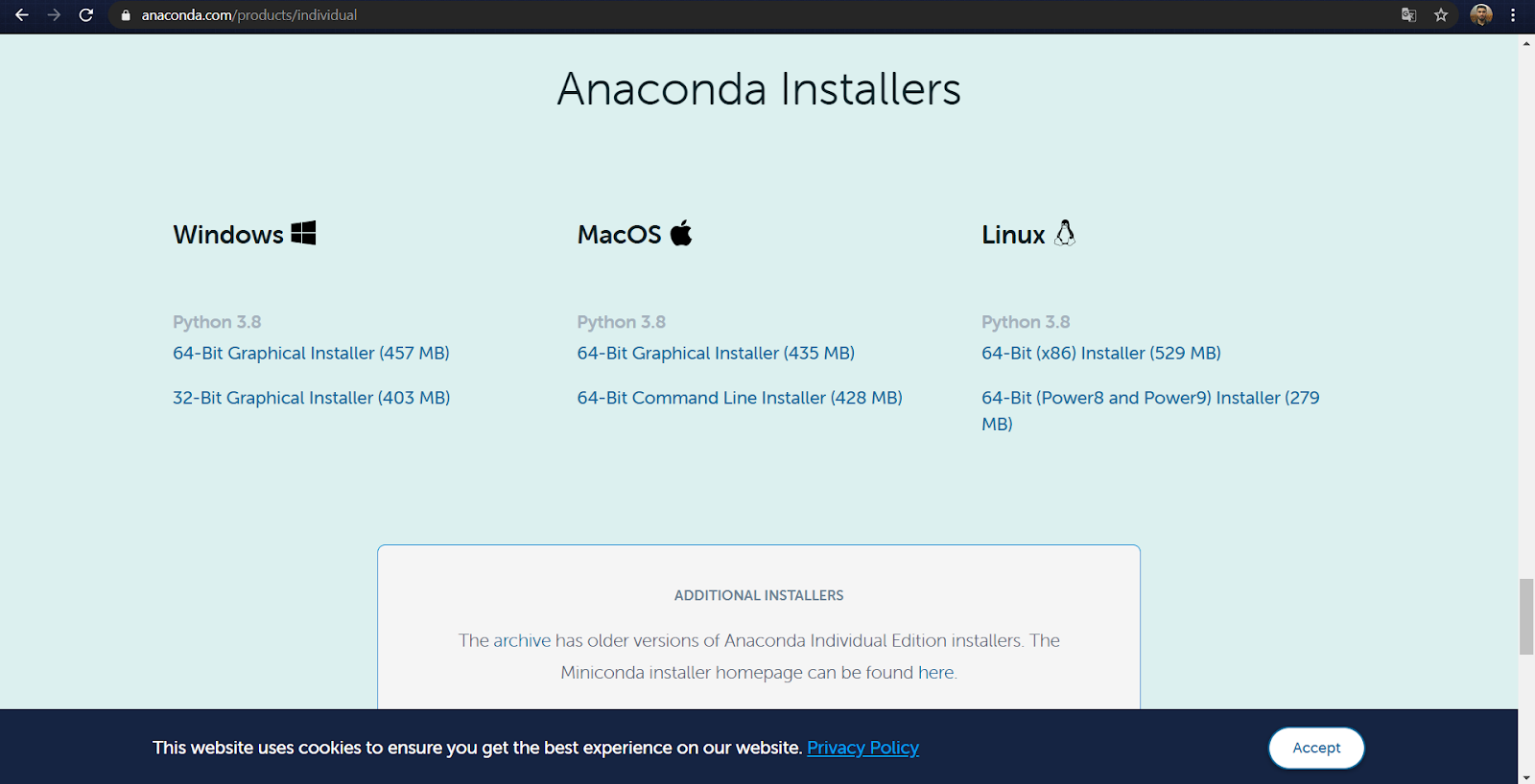 Página de download do Anaconda mostrando as opções Windows, MacOs e Linux