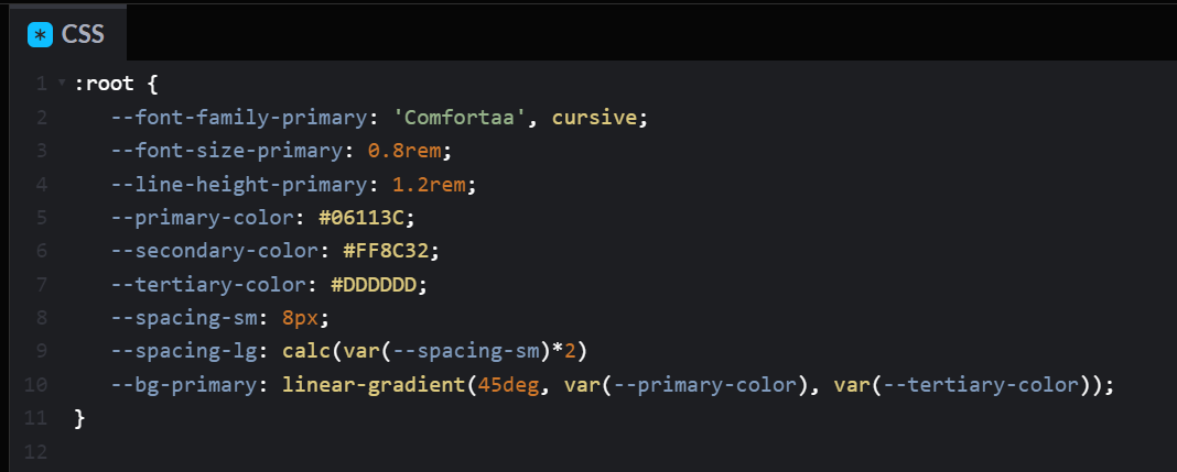 Arquivo CSS com o seletor :root sendo chamado e dentro do bloco do seletor há linhas com declarações de variáveis de CSS que guardam valores relacionados a tipografia, tamanho da font, altura da linha, cores primárias, secundárias e terciárias, espaçamento pequeno, grande e um linear gradiente.
