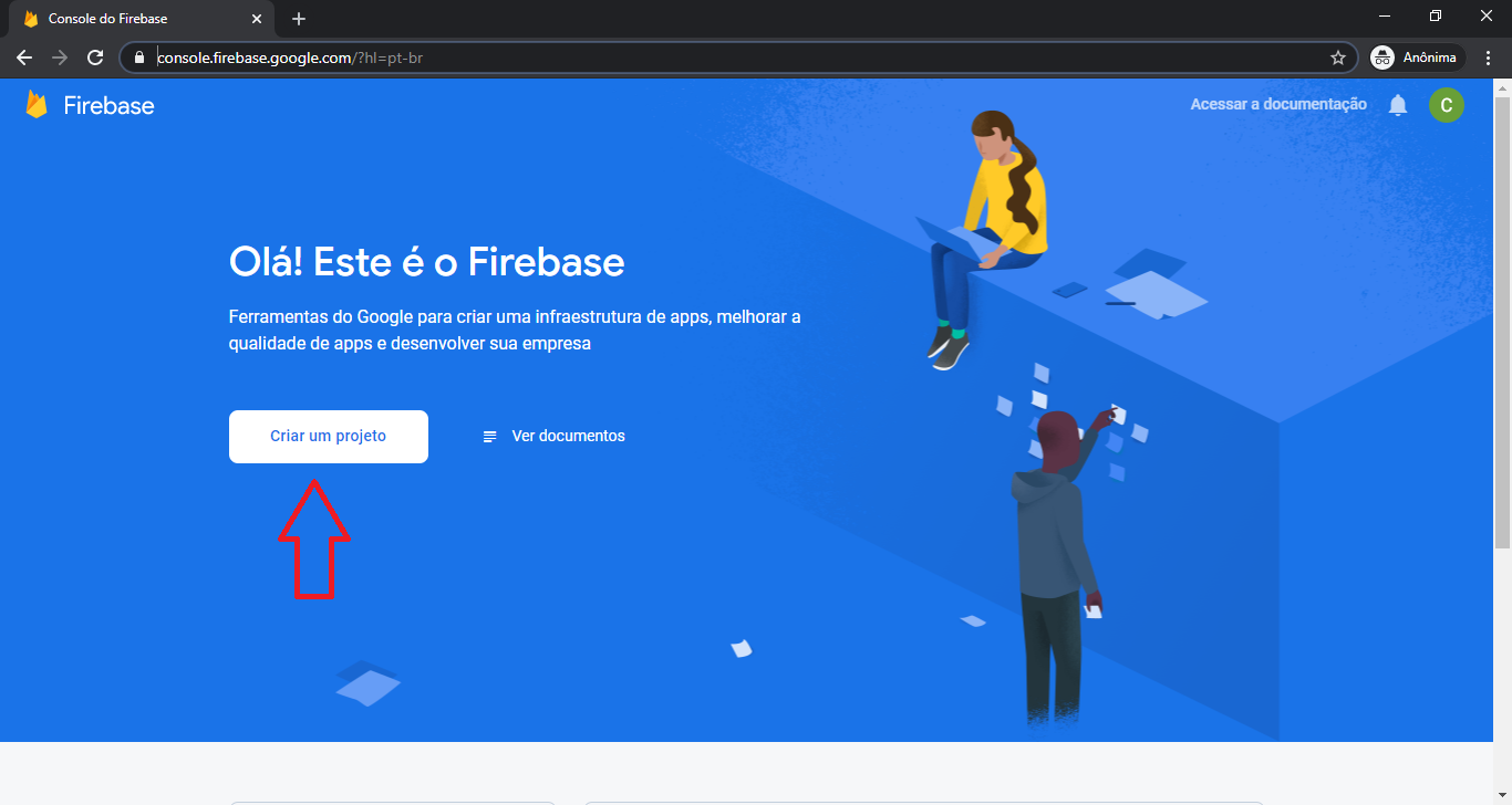 Imagem da tela do console Firebase com uma seta apontando para o botão de “Criar um projeto