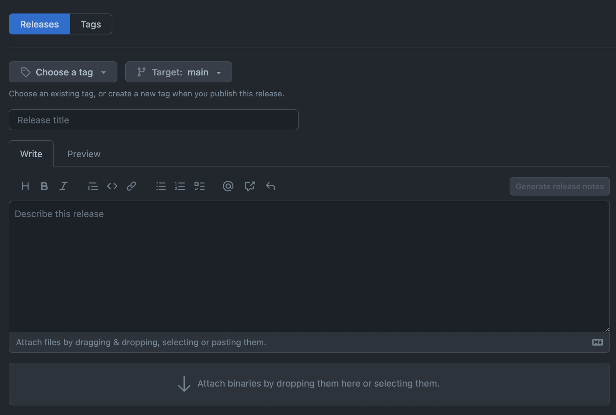 Formulário de release com a opção Release marcada entre as opções Releases ou Tags. Opções em combobox: Choose a tag e Target. Campos de texto: release title e Describe this release e botão para anexar o arquivo binário.