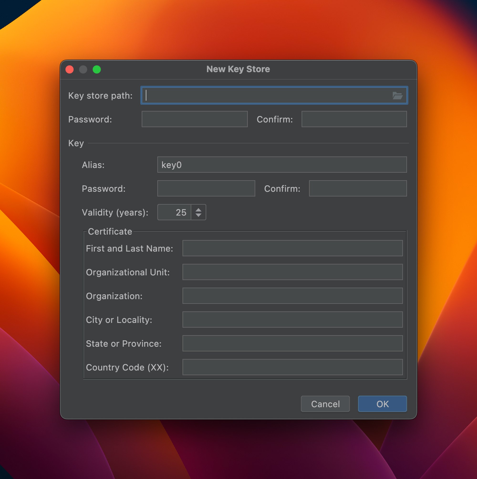 Janela New Key Store com os campos Key Store path, Password e Confirm. Na seção Key apresenta os campos, Alias, Password, Confirm e Validity (years). Na Seção Certificate: First and Last Name, Organizational Unit, Organization, City or Locality, State or Province e Country Code (XX), e os botões Cancel e OK.