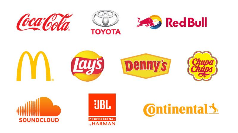 Logotipos de diferentes empresas, como Coca-cola, Toyota, RedBull, McDonald’,; Lay’s, Denny’s, Chupa Chups, Soundcloud, JBL e Continental.