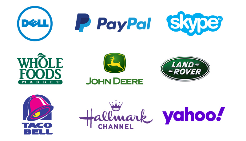Logotipos de diferentes empresas, como Dell, PayPal, Skype, Whole Foods,John Deere, Land Rover, Taco Bell, Hallmark Channel, Yahoo!
