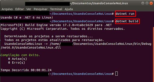 alt text: A imagem mostrando o terminal do Linux Ubuntu com a execução do comando dotnet run e dotnet build.