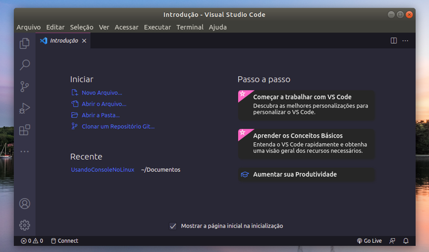 alt text: Na imagem mostra a tela inicial do VS Code instalado no linux Ubuntu.