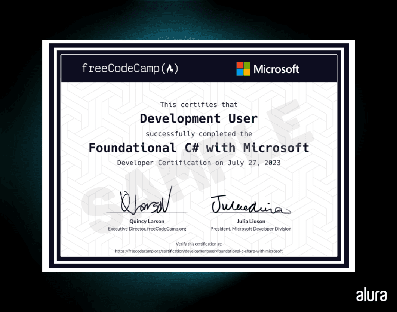 A imagem apresenta o certificado adquirido ao final da prova de certificação Foundational C# With Microsoft.