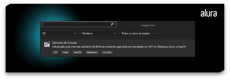 A imagem apresenta um recorte da janela de configuração de um projeto .NET na ferramenta do Visual Studio Community 2022, mostrando que está selecionada a opção de projeto `Aplicativo do Console`.