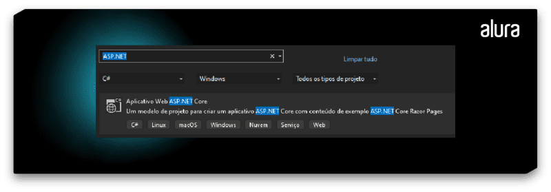 Projeto .NET na ferramenta do Visual Studio Community 2022, mostrando que está selecionada a opção de projeto `Aplicativo Web ASP.NET Core`.