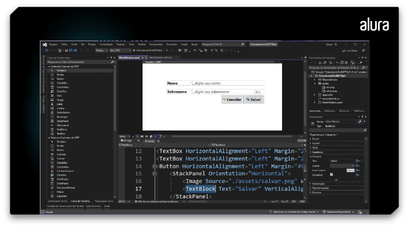Tela do Visual Studio Community 2022, mostrando um projeto aplicativo do Windows WPF, tendo à esquerda a caixa de ferramentas, ao centro a área de trabalho do formulário e à direita a caixa de propriedades de configuração do formulário.