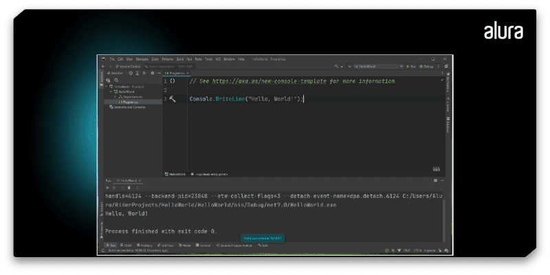 A imagem apresenta a interface da Rider IDE e no editor de código o comando Console.WriteLine(“Hello, World!”).