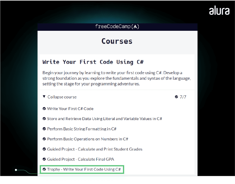 A imagem mostra um recorte da plataforma freeCodeCamp no módulo de atividade do curso Write Your First Code Using C# com o destaque para a opção do troféu.