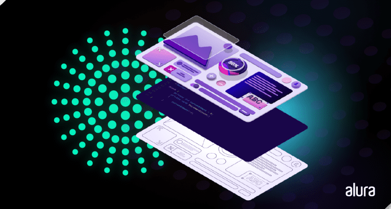 Projeto de uma tela em três camadas, sendo a primeira a representação de um diagrama, seguida pela camada de codificação e por fim a camada de interface gráfica.