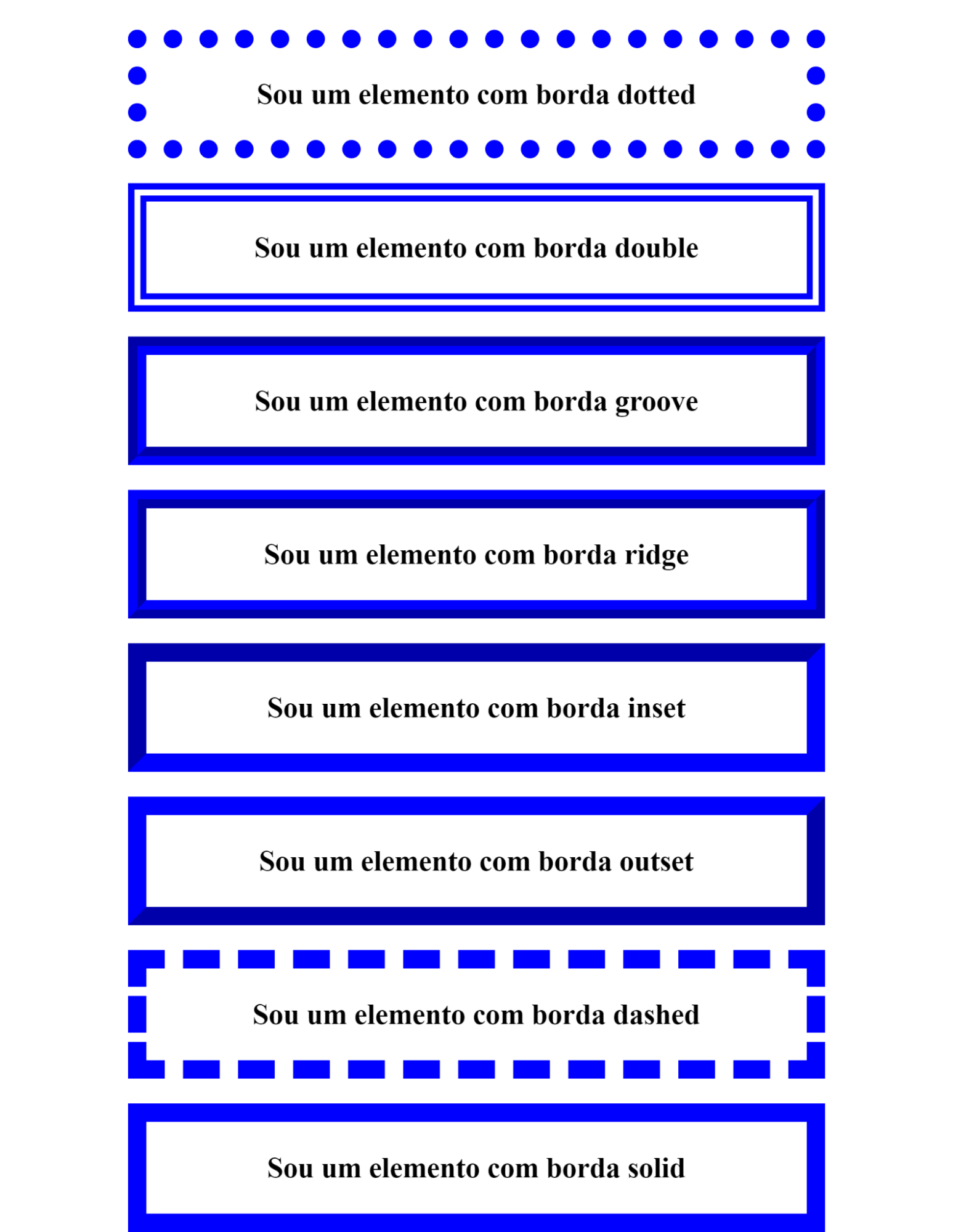 Imagem com uma lista de caixas retangulares organizadas na vertical, com estilos de bordas padrão da tag `border-style`. Todos os elementos possuem bordas com cor azul, fundo branco e fonte de cor preta. No primeiro elemento contém a frase “Sou um elemento com borda dotted”, este elemento possui uma borda do tipo dotted. O segundo elemento contém a frase “Sou um elemento com borda double”, este elemento possui borda double. O terceiro elemento possui a frase “Sou um elemento com borda groove”, este elemento possui borda groove. O quarto elemento possui a frase “Sou um elemento com borda ridge”, este elemento possui borda ridge. O quinto elemento possui a frase “Sou um elemento com borda inset”, este elemento possui borda inset. O sexto elemento possui a frase “Sou um elemento com borda outset.”, este elemento possui borda outset. O sétimo elemento possui a frase “Sou um elemento com borda dashed”, este elemento possui borda dashed. O oitavo elemento possui a frase “Sou um elemento com borda solid”, este elemento possui borda solid.