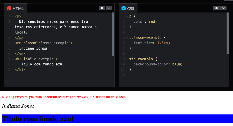 Exemplos CSS de uso dos seletores de tipo, classe e ID.