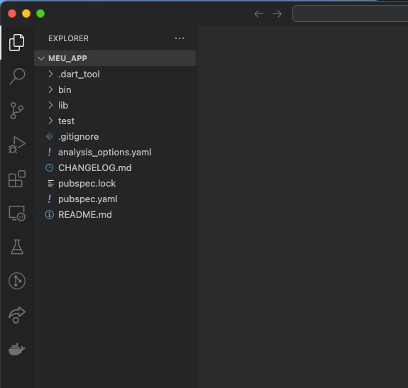 A imagem exibe uma captura de tela de um editor de código com um painel de explorador de arquivos à esquerda. O explorador de arquivos mostra uma lista de arquivos e pastas, indicando que provavelmente faz parte de um ambiente de desenvolvimento de software. O projeto destacado tem o nome “MEU_APP”, sugerindo que o usuário pode estar trabalhando em um aplicativo ou projeto com esse nome. Dentro do diretório “MEU_APP”, há várias outras pastas e arquivos visíveis: “bin”, “lib”, “test”, “.dart_tool”, “.idea”, “.gitignore”, “analysis_options.yaml”, “CHANGELOG.md”, “pubspec.lock”, “pubspec.yaml” e “README.md”. Esses itens sugerem que este é provavelmente um projeto na linguagem de programação Dart, conforme indicado pela presença de arquivos específicos do Dart, como “.dart_tool”, e pelo uso de arquivos “.yaml”, que são frequentemente usados para configuração em projetos Dart. Além disso, há um ícone semelhante a um frasco de laboratório ao lado da pasta chamada ‘test’, o que geralmente denota scripts ou estruturas de teste em projetos de desenvolvimento.