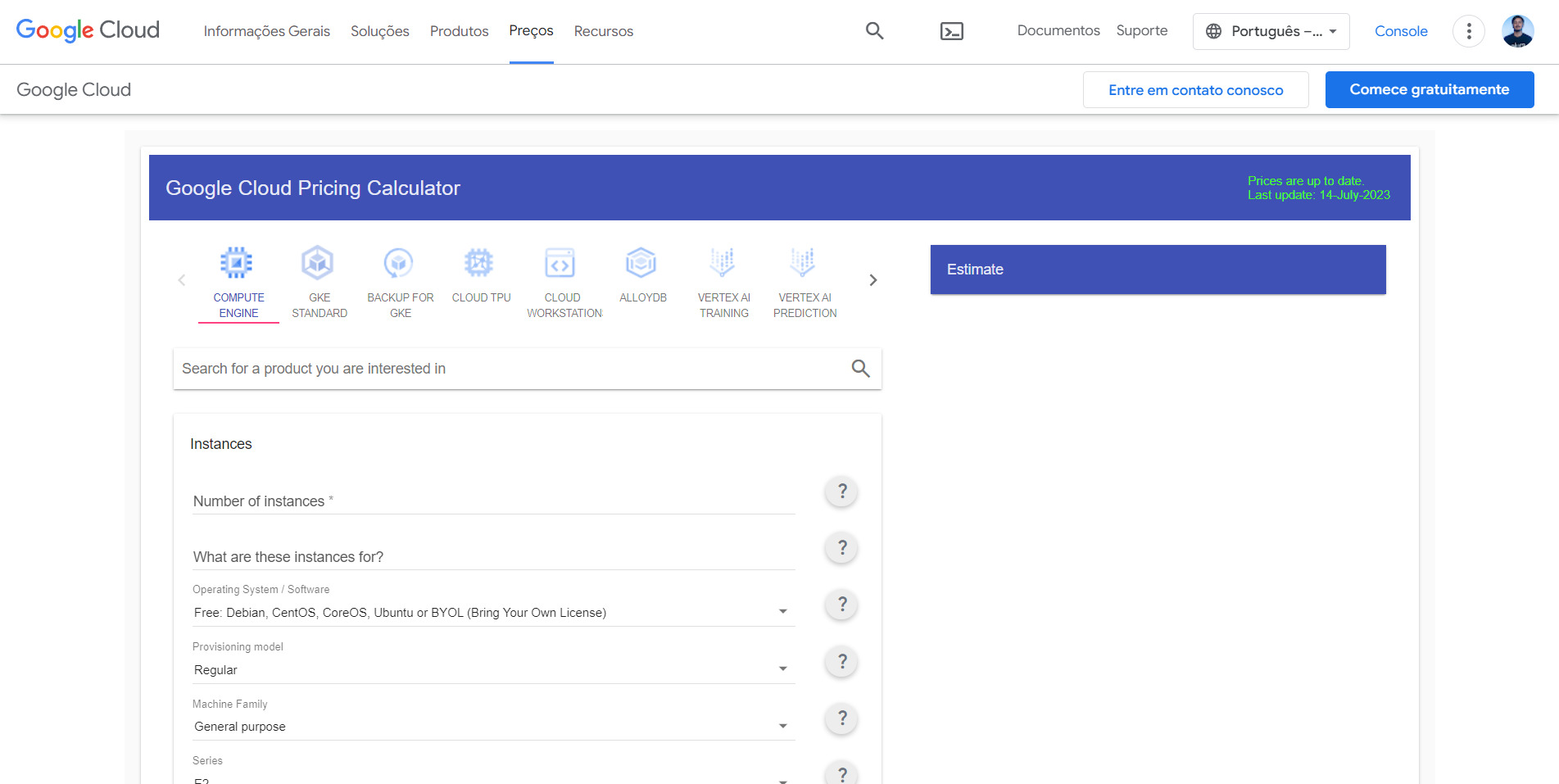 Captura de tela do site “Google Cloud Pricing Calculator”. No corpo da página, há um formulário para selecionar o produto de interesse, e também várias características da instância para indicar. No centro direito, há um botão “Estimate”.