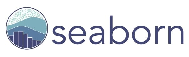 alt text: Logotipo da biblioteca Seaborn em diferentes tonalidades de azul. Do lado esquerdo temos o ícone com alguns tipos de gráficos dentro de um círculo. Ao lado direito do ícone temos a palavra “seaborn”.