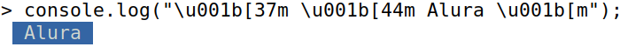 alt text: Tela do terminal interativo do Node imprimindo Alura com fundo azul e texto em branco