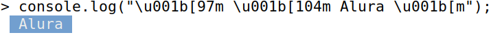 alt text: Tela do terminal interativo do Node imprimindo Alura com cores brilhantes, fundo azul mais claro e texto em branco também mais claro